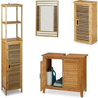 4 teilige Badezimmer-Einrichtung, aus Bambus, Waschbeckenunterschrank, Badezimmerschrank, Badregal, Spiegel von RELAXDAYS