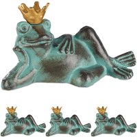 Relaxdays - 4 x Gartenfigur Froschkönig, wetterfest, liegender Frosch, mit Krone, Dekofigur, Balkon, Gusseisen, Größe s, grün von RELAXDAYS