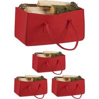 4 x Kaminholztasche aus Filz, tragbarer Feuerholzkorb, faltbarer Zeitungshalter HxBxT: 25 x 25 x 50 cm, Filztasche, rot von RELAXDAYS