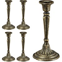 5 x Kerzenständer, einarmig, für Tafel- & Stabkerzen, Vintage, Kerzenhalter Gusseisen, HxD 19 x 9 cm, schwarz/gold von RELAXDAYS