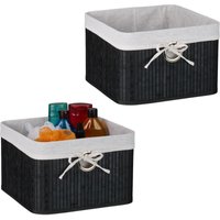 Aufbewahrungskorb 2er Set, Bambus, Stoffeinsatz, hbt: 20x31x31 cm, Körbchen Griffloch, Regalkorb, schwarz/weiß - Relaxdays von RELAXDAYS