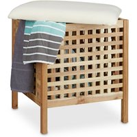 Relaxdays - Badhocker Walnuss mit Wäschesammler, HBT:52x49x49cm, Sitzkissen Leinen, 52L Stauraum, Massivholz, natur/weiß Relaxdays - Badhocker Walnuss mit Wäschesammler, HBT:52x49x49cm, Sitzkissen Leinen, 52L Stauraum, Massivholz, natur/weiß von RELAXDAYS