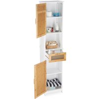 Badschrank, 2 Türen, 1 Schublade, Hochschrank, HxBxT: ca. 180 x 39 x 30 cm, Holz und Bambus, weiß-braun - Relaxdays von RELAXDAYS