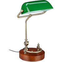Bankerlampe, neigbarer Glasschirm, Holzfuß, E27-Fassung, Schreibtischlampe Retro, Bibliothekslampe, grün-braun - Relaxdays von RELAXDAYS