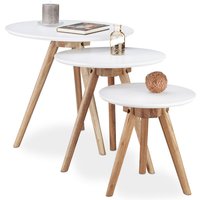 Beistelltisch 3er Set, Tischbeine aus Walnuss-Holz, weiße Tischplatte 50, 40 und 32 cm, im nordischen Design, weiß / natur - Relaxdays von RELAXDAYS