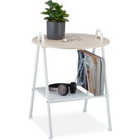 Relaxdays - Beistelltisch mit Zeitungsständer, Metall, mdf, Tischplatte in Holzoptik, Beitisch hbt 55x45x45 cm, weiß/natur von RELAXDAYS