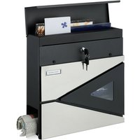 Relaxdays Briefkasten, Zeitungsfach, modern, Sichtfenster, abschließbar, Postbox HBT 37x37x11 cm, Stahl, schwarz/silber von RELAXDAYS
