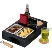 Relaxdays Couchbar, Bambus, Edelstahlschale für Snacks, Getränke- & Weinglashalter, Untersetzer, Couchorganizer, schwarz von RELAXDAYS