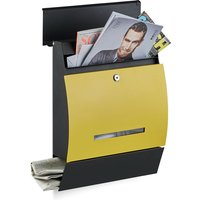 Design Briefkasten mit Zeitungsfach, Pulverbeschichtet, HxBxT: 45 x 35 x 11 cm, Wandbriefkasten, schwarz-gelb - Relaxdays von RELAXDAYS