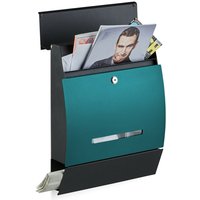 Design Briefkasten mit Zeitungsfach, Pulverbeschichtet, HxBxT: 45 x 35 x 11 cm, Wandbriefkasten, schwarz-grün - Relaxdays von RELAXDAYS