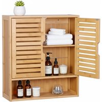 Relaxdays Hängeschrank Bad, 3 Fächer, HBT: 66 x 59 x 21 cm, Lamellentüren, Magnetverschluss, schmaler Wandschrank, natur von RELAXDAYS