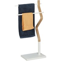 Handtuchhalter stehend, Handtuchständer mit 2 Stangen, für Hand- & Geschirrtücher, Holz & Metall, weiß/natur - Relaxdays von RELAXDAYS