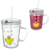 Kindergläser 2er Set, Küken-Motiv, Trinkglas Kinder, mit Henkel, Deckel & Strohhalm, 400 ml Skala, transparent - Relaxdays von RELAXDAYS