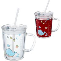 Kindergläser 2er Set, Wal-Motiv, Trinkglas Kinder, mit Henkel, Deckel & Strohhalm, 400 ml Skala, transparent - Relaxdays Kindergläser 2er Set, Wal-Motiv, Trinkglas Kinder, mit Henkel, Deckel & Strohhalm, 400 ml Skala, transparent - Relaxdays von RELAXDAYS