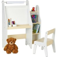 Kindertafel, mit Kinderstuhl, Fächern & Papierrolle, hbt: 90 x 72 x 30 cm, Maltafel Kinderzimmmer, weiß/beige - Relaxdays von RELAXDAYS