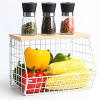 Relaxdays Obstkorb Wandregal, Ablagebrett, Küchenorganizer zum Hängen, HBT: 22x30x20 cm, Gitterkorb Metall, weiß/natur von RELAXDAYS