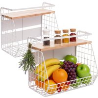 Relaxdays Obstkorb Wandregal 2er Set, Holz, Küchenorganizer magnetisch, HBT 30x35,5x21 cm, Gitterkorb Metall, weiß/natur von RELAXDAYS