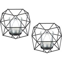 Teelichthalter, 2er Set, Metall, geometrisch, h x b x t: 10 x 13 x 12 cm, Kerzenständer mit Votivglas, schwarz - Relaxdays von RELAXDAYS