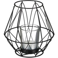 Teelichthalter, geometrisches Design, Kerzenhalter mit Votivglas, Metall, Kerzenständer, HxD 14x14 cm, schwarz - Relaxdays von RELAXDAYS