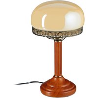 Relaxdays - Tischlampe Rund Holzfuß Nostalgie Jugendstil Look, beige / messing-optik 10016611 von RELAXDAYS