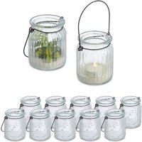 Windlicht, 12er Set, Glas mit Henkel, innen & außen, 9,5 x 8 cm, Hochzeit Teelichthalter, transparent/schwarz - Relaxdays von RELAXDAYS