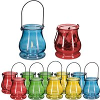 Windlicht, 12er Set, aus Glas, Henkel zum Aufhängen, innen & außen, Teelichthalter, HxD 9,5x8,5 cm, mehrfarbig - Relaxdays von RELAXDAYS