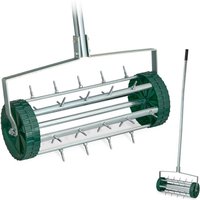 Relaxdays - rollender Rasenlüfter, mit Stiel, Vertikutierer manuell, hbt: 145x44x21 cm, Rasenwalze mit Spikes, silber/grün von RELAXDAYS
