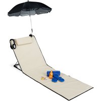 Strandmatte, gepolsterte Strandliege xxl mit Sonnenschirm, 3-stufig verstellbar, Kopfkissen, tragbar, beige - Relaxdays von RELAXDAYS