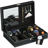 Uhrenbox für 8 Uhren, Uhrenkasten mit Schmuckablage, Lederoptik, Samtbezug, HxBxT: 8 x 30 x 20,5 cm, schwarz - Relaxdays von RELAXDAYS