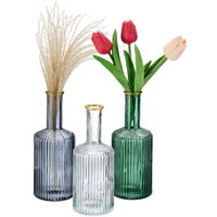 Vasen aus Glas, im 3er Set, Blumenvasen in Flaschenform, h x d: 20,5 x 8 cm, Dekovasen gerillt, mehrfarbig - Relaxdays von RELAXDAYS