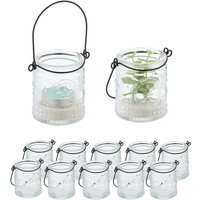 Windlicht, 12er Set, Glas mit Henkel, innen & außen, HxD: 7x6 cm, Hochzeit Teelichthalter, transparent/schwarz - Relaxdays von RELAXDAYS