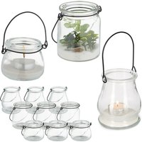 Relaxdays - Windlicht Glas, 12er Set, Teelichthalter mit schwarzem Henkel, 3 versch. Größen, Kerzenglas, rund, transparent von RELAXDAYS