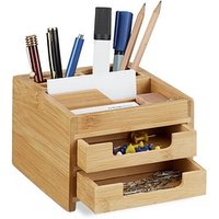 relaxdays Schreibtisch-Organizer braun Bambus 2 Stifteboxen, 2 Schubfächer, 1 flaches Fach Fächer 12,5 x 15,0 x 9,5 cm von RELAXDAYS