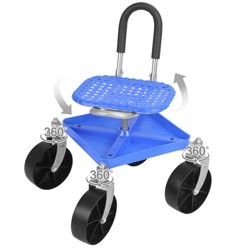 Gartenwagen mit Rollen und höhenverstellbarem Drehsitz – Ergonomischer Gartenhocker mit Lenker, Aufbewahrungskorb und Sitzpolster für Gartenarbeit (Blau 2) von RELAXORIX