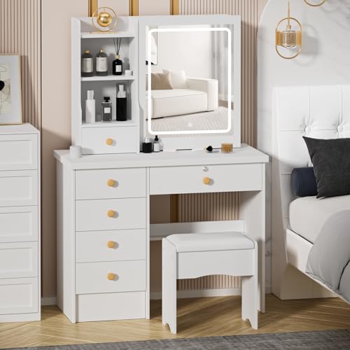 Kompakter Schminktisch mit LED-Schiebespiegel – Weißer Schminktisch mit 6 Schubladen, Verstecktem Stauraum & Hocker, Frisiertisch für kleine Räume oder Ecken von RELAXORIX