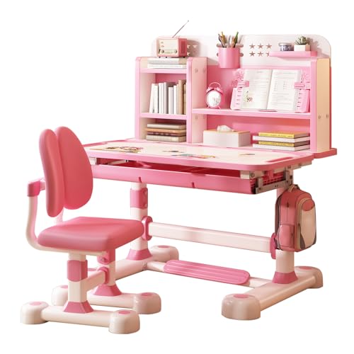 RELAXORIX 2er-Set Kinderschreibtisch und Schreibtischstuhl für Mädchen, höhenverstellbar, ergonomisch, mit Lesepult und Fußstütze – Kinderschreibtisch ab 6 Jahre (Pink) von RELAXORIX