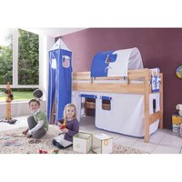 Halbhohes Spielbett Kelila mit 3 tlg. Stoff-Set weiß/blau, Buche massiv natur lackiert von RELITA