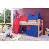 Halbhohes Spielbett Kelila mit 4 tlg. Stoff-Set blau/rot, Buche massiv natur lackiert von RELITA