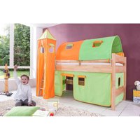 Halbhohes Spielbett Kelila mit 4 tlg. Stoff-Set grün/orange, Buche massiv natur lackiert von RELITA