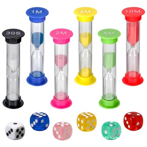 RELKLYU 6-Teilige Sanduhr- Und 6-Teilige Würfel, Kindersandtimer, Kreativer Timer, Home-Ornamente, Lerntimer. von RELKLYU