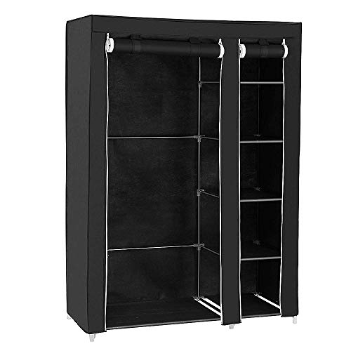RELOVE Faltbarer Kleiderschrank, aus Stoff, nicht gewebter Stoff, abnehmbarer Kleiderschrank mit Reißverschluss, Regal und Stange, faltbarer Stoff mit Reißverschluss (Schwarz, 172 x 105 x 43 cm) von RELOVE