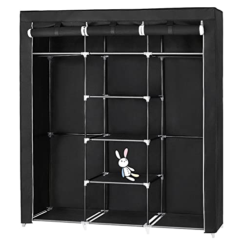 Stoffschrank Faltschrank Garderobe mit Kleiderstange, Vliesstoff, fürs Schlafzimmer, AufbewahrungsschrankGarderobenschrank mit Gitterablagen aus Eisen mit Tür und Kleiderstangen,175*150*45cm- Schwarz von RELOVE