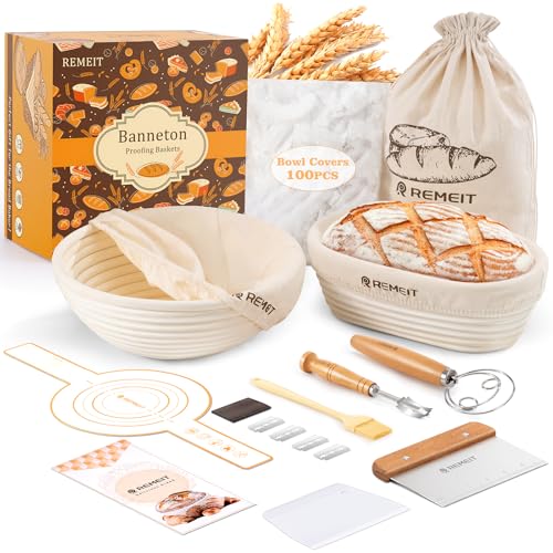 REMEIT Gärkorb Brot Set, 23cm Rund & 25cm Oval Gärkörbchen aus Natürlichem Rattan, mit Komplettset Brotbackzubehör, Premium Sauerteig Starter Set – das ideale Geschenk für Backbegeisterte von REMEIT
