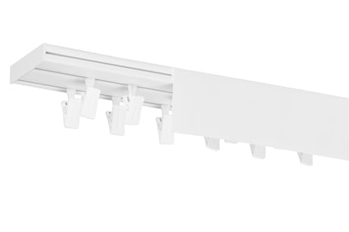 RENA Vorhangschiene 2-läufig Gardinenschiene aus Kunststoff Vorhang-Deckenschiene mit Abdeckung und Klammern Gardinenleiste Gardinenstange Gardinen Vorhänge für Deckenmontage Weiß 180cm von RENA
