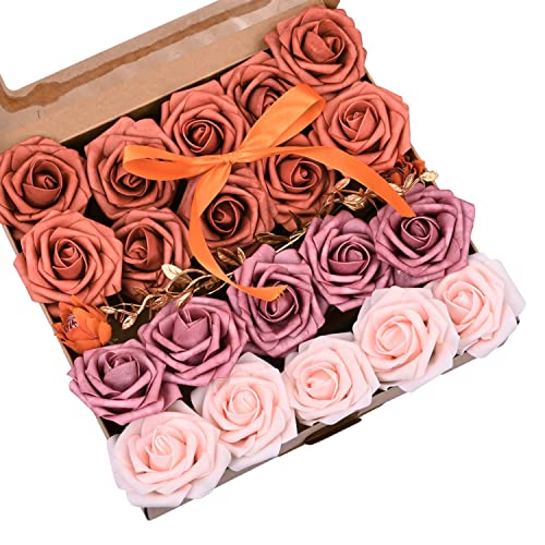 Künstliche Rosen 20 Stück orangefarbene Rosen staubige rosa Blumen Blumenarrangement Kunstrosen mit Stiel DIY-Brautstrauß Hochzeitsblumen gebrannte orangefarbene Blume zum Valentinstag Jahrestag von RENATUHOM