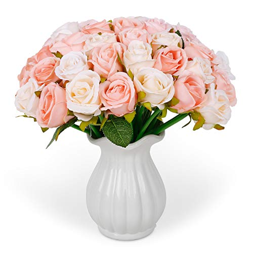 RENATUHOM Künstliche Rosen wie echt Gefälschte Rose Seidenblumenstrauß 24 Köpfe 2 Trauben Champagner Rosen Künstlich Seide Rosen Deko Fake Rosen Braut Hochzeit Home Party Garten Blumendekor von RENATUHOM