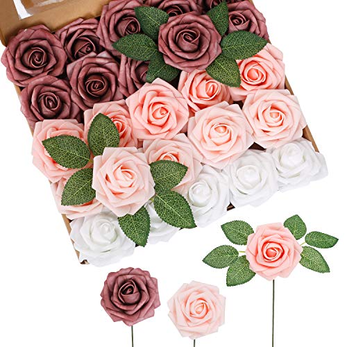 RENATUHOM Rosa und weiße Rosen gemischt dunkelrosa Kunstblumen mit Stielen und Blatt 25 Stück gefälschte Schaumrosen Dekoration DIY für Hochzeitssträuße Anordnung Esszimmer Dekor Party Dekoration von RENATUHOM