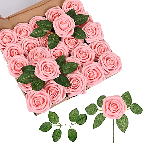 RENATUHOM Künstliche Rosen Rosa Blumen mit verstellbaren Stielen und Blatt 25pcs gefälschte Schaumrosen Dekoration DIY für Hochzeitssträuße Arrangement Home Esszimmer Dekor Geburtstagsfeier Dekoration von RENATUHOM