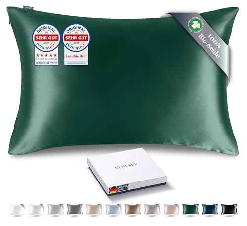 RENESSY Kissenbezug aus 100% Bio-Seide 40x80 cm - 22 Momme Maulbeerseide, Güteklasse 6A, Oeko-Tex zert. in Deutschland - Luxus für Haar und Haut, 1 Stück (Smaragdgrün) von RENESSY