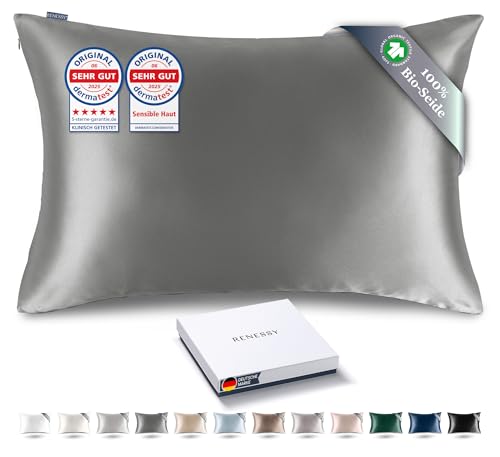 RENESSY Kissenbezug aus 100% Bio-Seide 40x80 cm - 22 Momme Maulbeerseide, Güteklasse 6A, Oeko-Tex zert. in Deutschland - Luxus für Haar und Haut, 1 Stück (Graphitgrau) von RENESSY